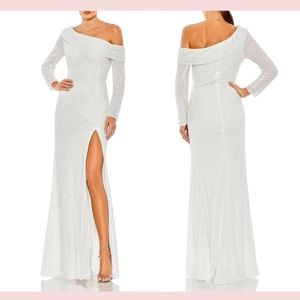 NWT $498 Mac Duggal [ 4‎ ] Sequined Drop Shoulder Long Sleeve Gown in White